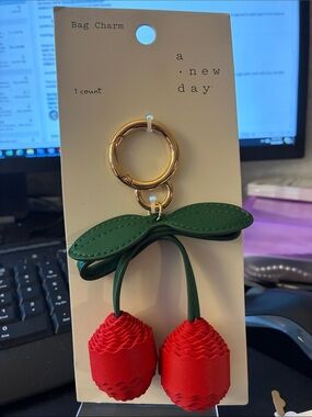 a new day Red Cherry Keychain with Green Leaves and Gold Hardware